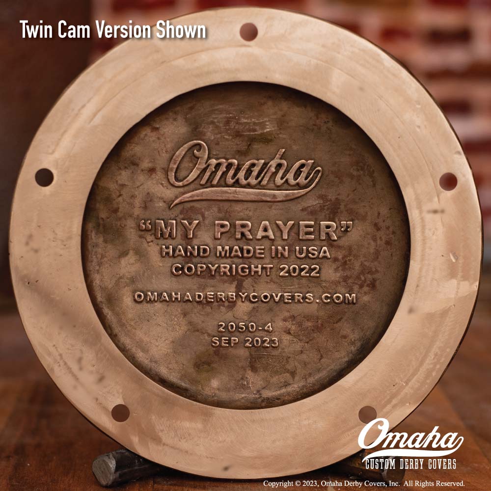 Custom Derby cover for harley davidson motorcycle with Christian cross and praying hands