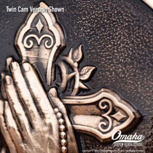 Custom Derby cover for harley davidson motorcycle with Christian cross and praying hands