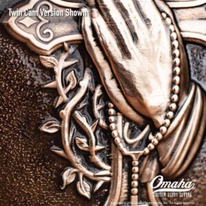 Custom Derby cover for harley davidson motorcycle with Christian cross and praying hands