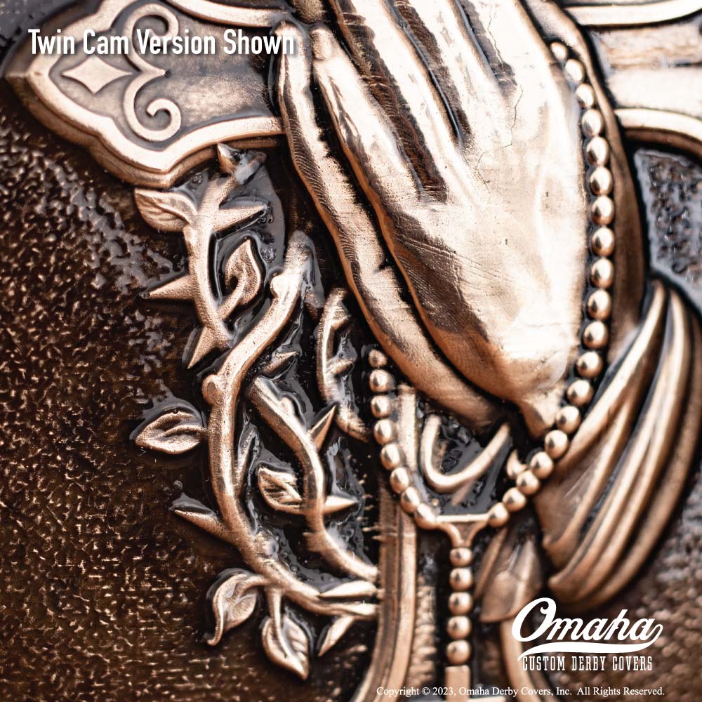 Custom Derby cover for harley davidson motorcycle with Christian cross and praying hands