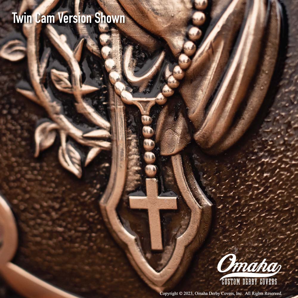 Custom Derby cover for harley davidson motorcycle with Christian cross and praying hands