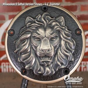Custom derby cover for Harley-Davidson motorcycle with lion head sculpted design