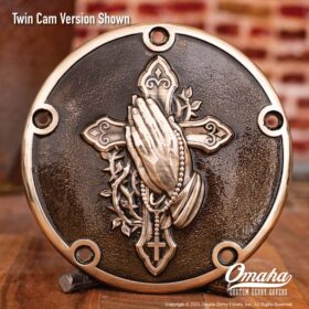 Custom Derby cover for harley davidson motorcycle with Christian cross and praying hands