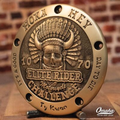 Hoka Hey motorcycle challenge custom derby cover for Harley Davidson - Left View