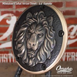 Custom derby cover for Harley-Davidson motorcycle with lion head sculpted design