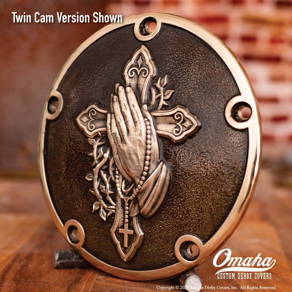 Custom Derby cover for harley davidson motorcycle with Christian cross and praying hands