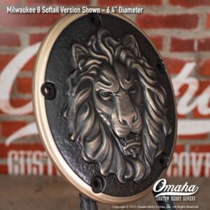 Custom derby cover for Harley-Davidson motorcycle with lion head sculpted design