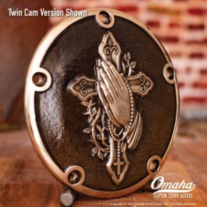 Custom Derby cover for harley davidson motorcycle with Christian cross and praying hands