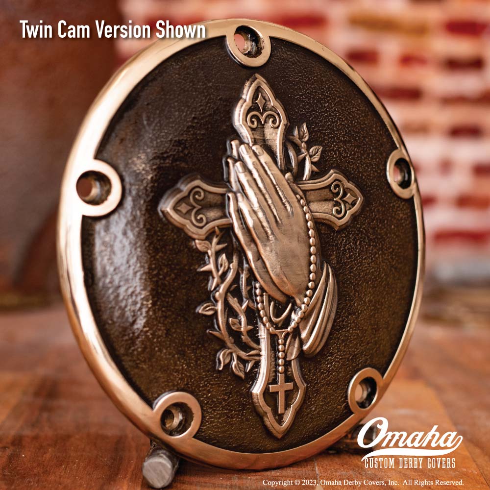 Custom Derby cover for harley davidson motorcycle with Christian cross and praying hands
