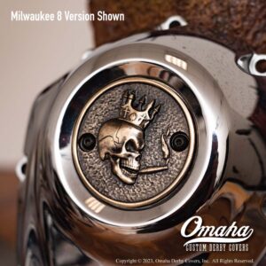 Custom timing cover for Harley Davidson Motorcycle with Skeleton King design in sculpted bronze