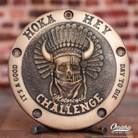 Custom derby cover for harley davidson with Hoka Hey Motorcycle Challenge design
