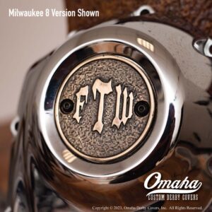 Custom timing cover for Harley Davidson Motorcycle with FTW design in sculpted bronze