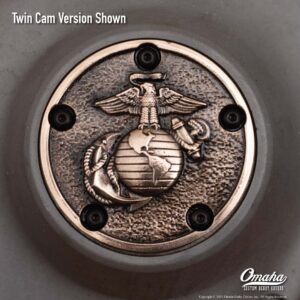 Custom timing cover for harley davidson twin cam motor with US Marine Corps insignia design