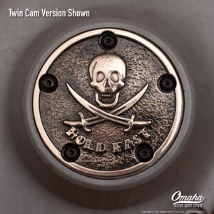 Custom timing cover for harley davidson Twin Cam motor with Jolly Roger - Hold Fast design