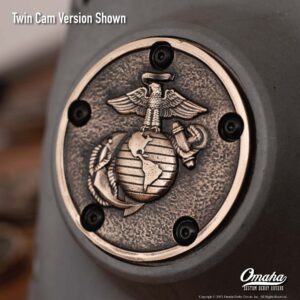 Custom timing cover for harley davidson twin cam motor with US Marine Corps insignia design