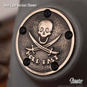 Custom timing cover for harley davidson Twin Cam motor with Jolly Roger - Hold Fast design