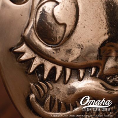 Custom derby cover for Harley Davidson motorcycle with flaming eyeball graphics