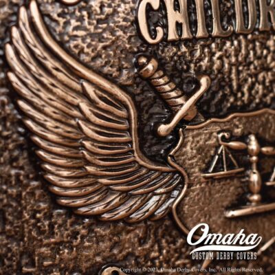 Detail view of Custom derby cover for Harley Davidson motorcycle