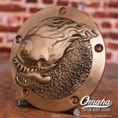 Custom derby cover for Harley Davidson motorcycle with flaming eyeball graphics