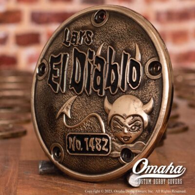 Custom derby cover for harley davidson el diablo motorcycle sculpted in bronze