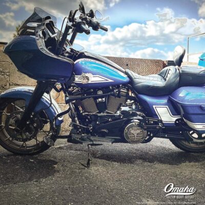Harley-Davidson Road Glide motorcycle with custom derby cover installed