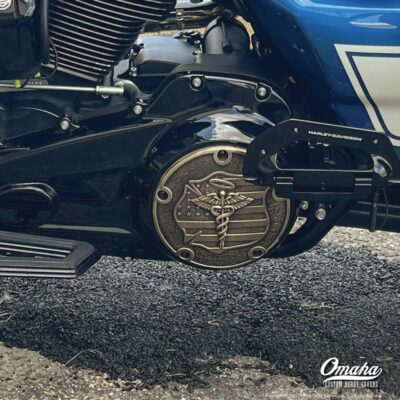 Harley-Davidson Road Glide motorcycle with custom derby cover installed