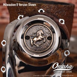 Custom timing cover for Harley Davidson Motorcycle with Iron Horse design in sculpted bronze