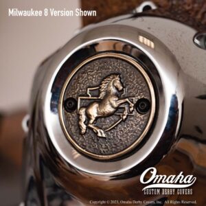 Custom timing cover for Harley Davidson Motorcycle with Iron Horse design in sculpted bronze