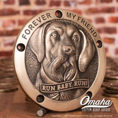 Custom derby cover for Harley Davidson motorcycle with a portrait of a dog sculpted in bronze