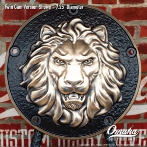 Custom derby cover for Harley-Davidson motorcycle with Lion Head design
