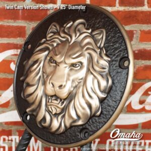 Custom derby cover for Harley-Davidson motorcycle with Lion Head design