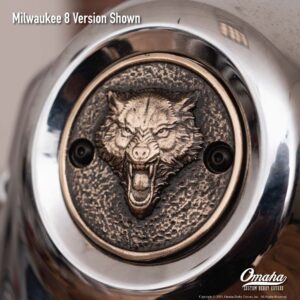 Custom timing cover for harley davidson milwaukee 8 motor with lone wolf design