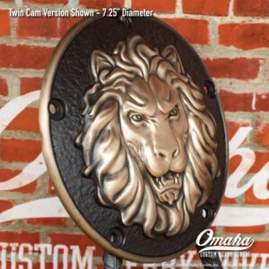 Custom derby cover for Harley-Davidson motorcycle with Lion Head design