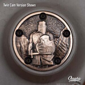 Custom timing cover for harley davidson twin cam motor with Christian warrior / Knight Templar design