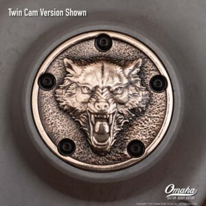 Custom timing cover for harley davidson twin cam motor with Lone Wolf design