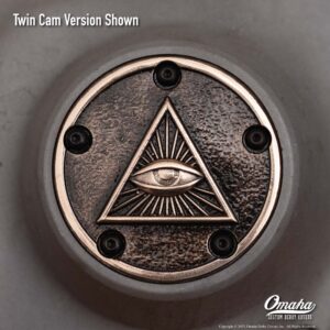 Custom timing cover for harley davidson twin cam motor with Eye of Providence design