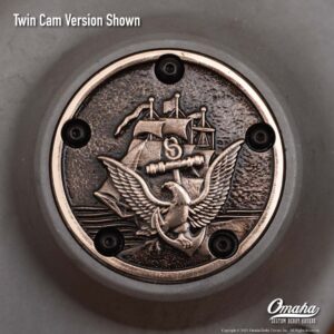 Custom timing cover for harley davidson Twin Cam motor with United States Navy insignia design