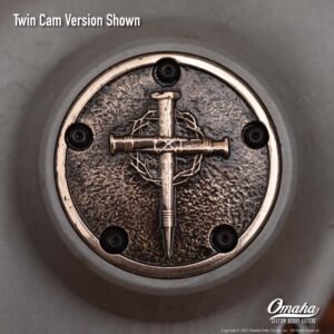 Custom timing cover for harley davidson Twin Cam motor with Nail Cross design