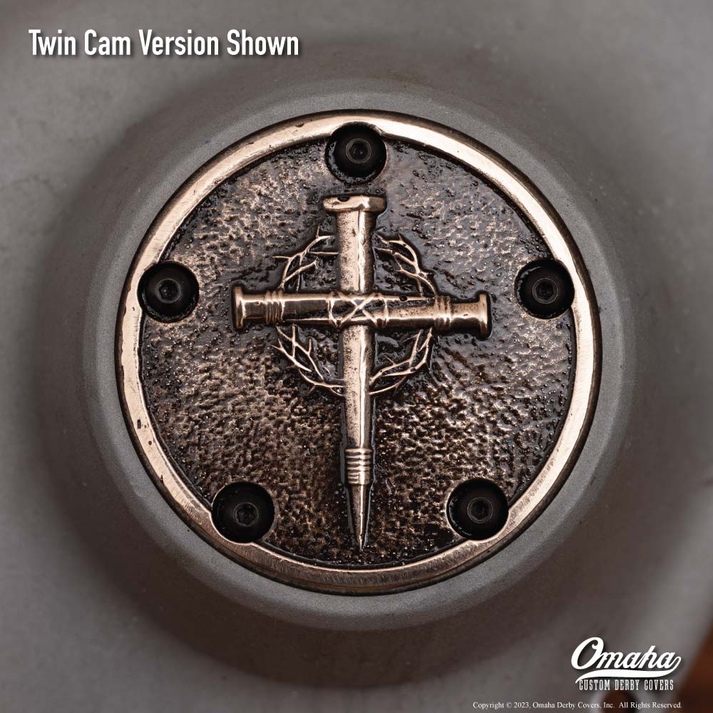 Custom timing cover for harley davidson Twin Cam motor with Nail Cross design