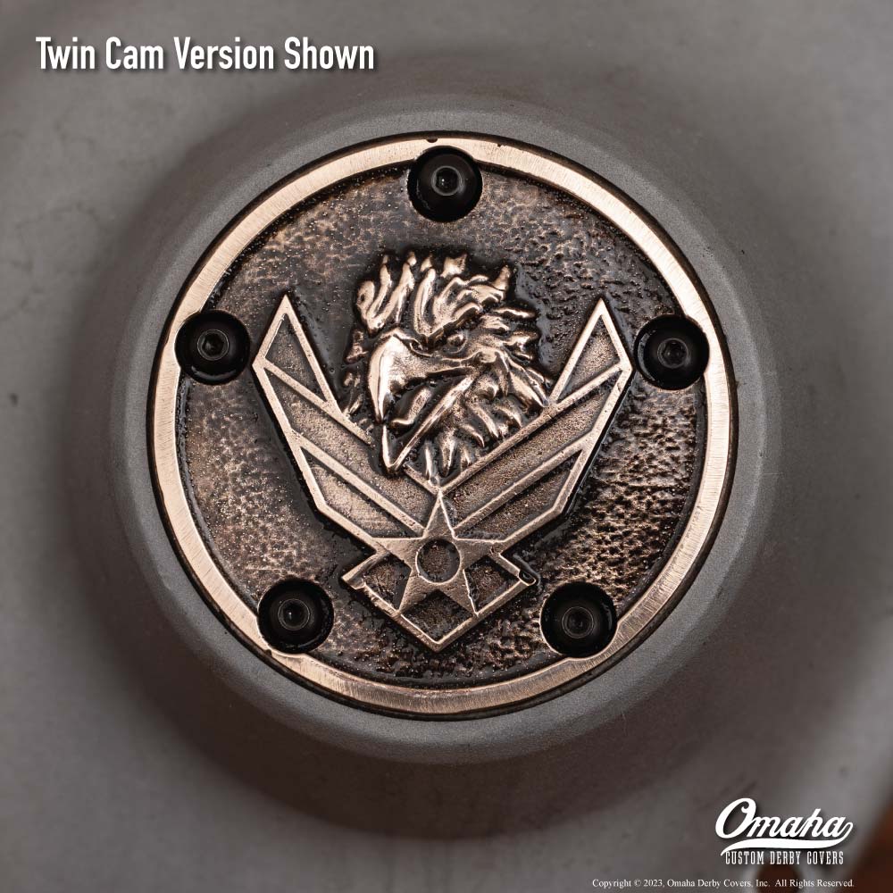 Custom timing cover for harley davidson Twin Cam motor with US air force insignia and eagle design