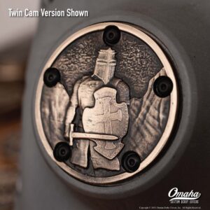 Custom timing cover for harley davidson twin cam motor with Christian warrior / Knight Templar design