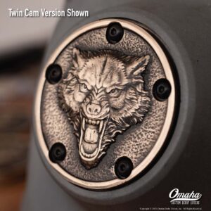 Custom timing cover for harley davidson twin cam motor with Lone Wolf design
