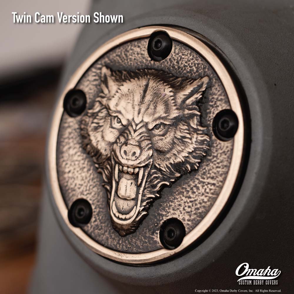 Custom timing cover for harley davidson twin cam motor with Lone Wolf design