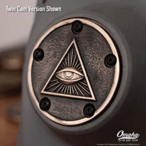 Custom timing cover for harley davidson twin cam motor with Eye of Providence design
