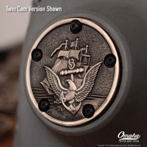 Custom timing cover for harley davidson Twin Cam motor with United States Navy insignia design