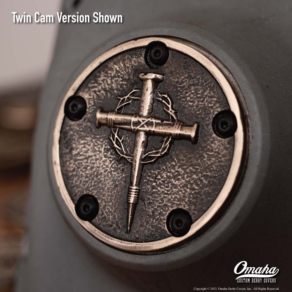 Custom timing cover for harley davidson Twin Cam motor with Nail Cross design