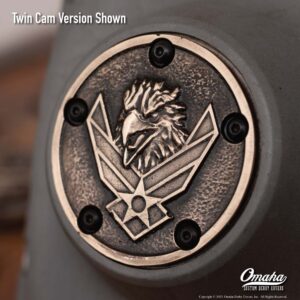 Custom timing cover for harley davidson Twin Cam motor with US air force insignia and eagle design