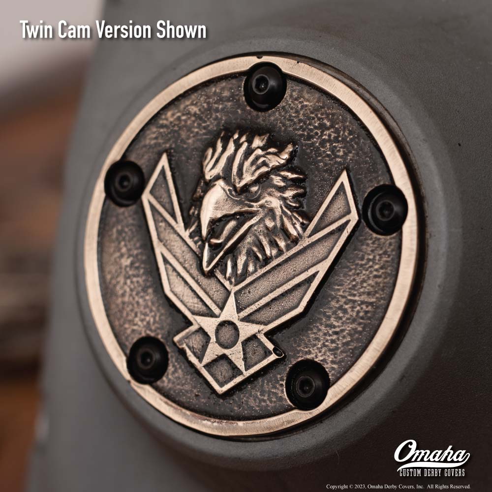 Custom timing cover for harley davidson Twin Cam motor with US air force insignia and eagle design