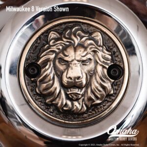 Custom timing cover for Milwaukee 8 engine with lion head design