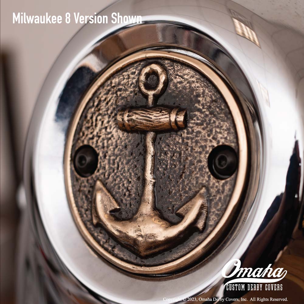 Custom timing cover for Milwaukee 8 engine with grunge anchor design